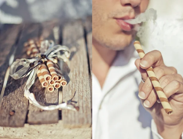 Sweet sticks and smoking man — Stock Photo, Image
