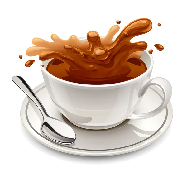 Salpicadura de chocolate caliente en taza blanca — Vector de stock