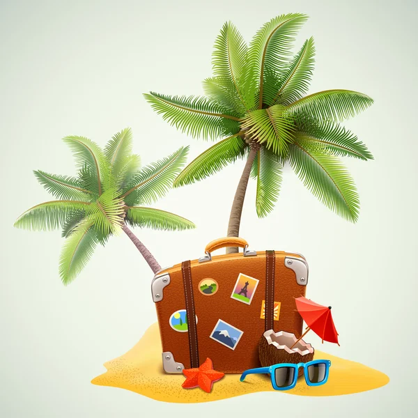 Maleta de viaje en la playa con palmeras — Vector de stock