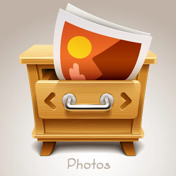 Wooden drawer illustration for photos icon — Stock Vector