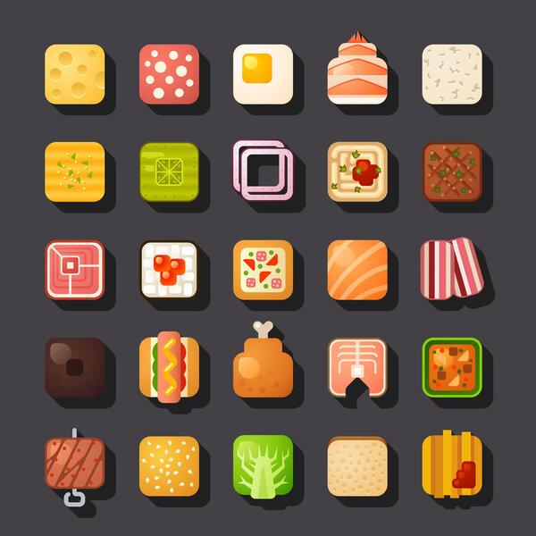 Square shaped food icon set