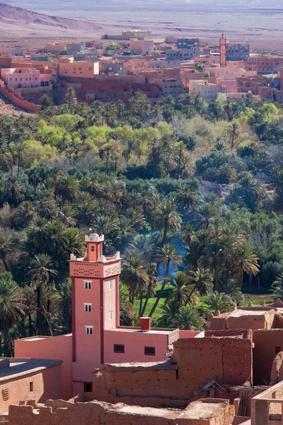 Mezquita en Marruecos con pueblo y bosque de palmeras — Foto de Stock