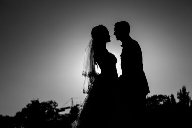 Genç gelin ve damadın Günbatımı: siyah zemin üzerine siluet