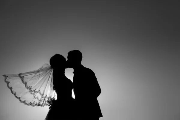 Silhouet van een jonge bruid en een bruidegom op zonsondergang achtergrond zwart — Stockfoto