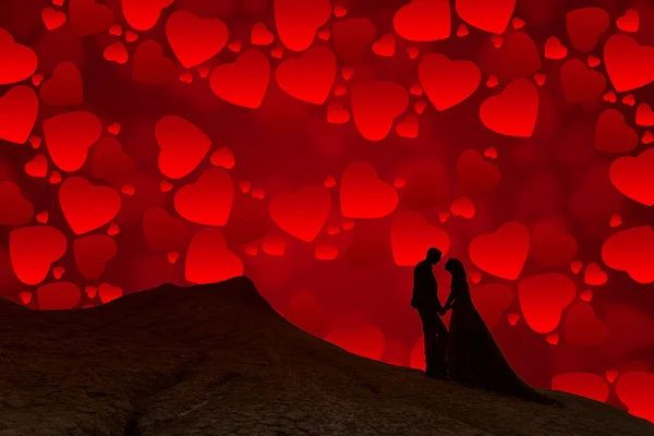 Kırmızı gökyüzü dolu kalpleri ile çift silüeti — Stok fotoğraf