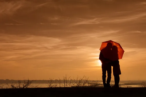 Silhouette di donna incinta e un uomo al tramonto sotto un um — Foto Stock