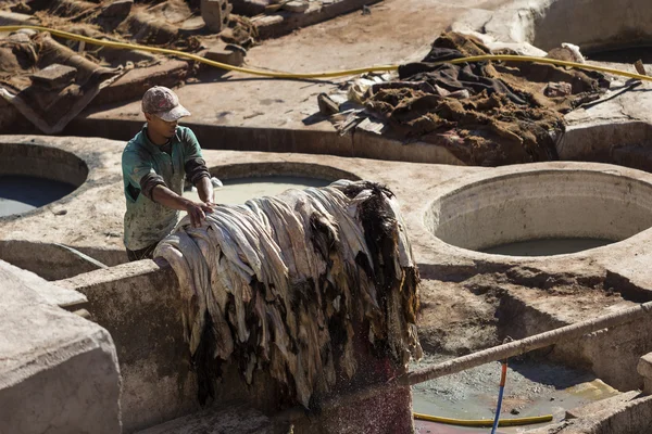 MARRAKECH, MOROCCO - MARCH 6: Workers at leather factory perform — Stock Photo, Image