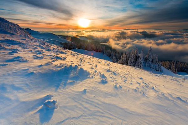Nascer do sol de inverno sobre as nuvens com abeto cheio de neve — Fotografia de Stock