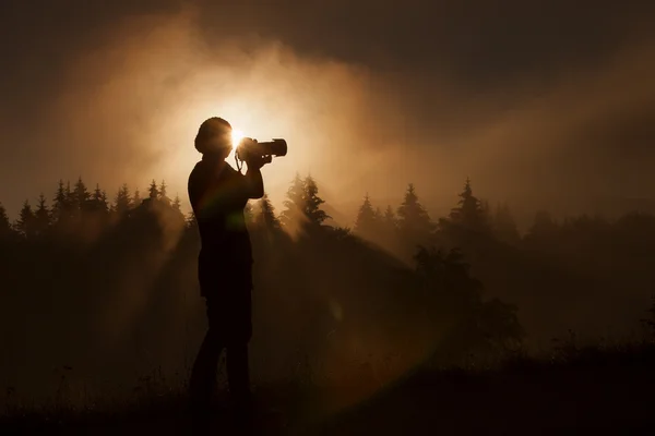 Silhouette of woman photographer taking photos in forest with fo — Stock Photo, Image