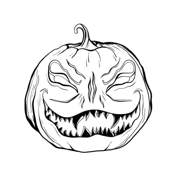 Scary Pumpkin Halloween Black White Hand Drawn Vector Illustration — Stock Vector