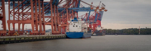 Navios Porta Contentores Porto Hamburgo Pôr Sol — Fotografia de Stock