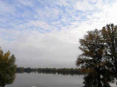 Kyiv 'deki Obolonska Toprakları' nın su manzarasına yansıyan ağaçlar