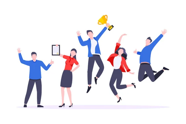 Happy business team werknemer team winnaars prijsuitreiking platte stijl design vector illustratie. — Stockvector