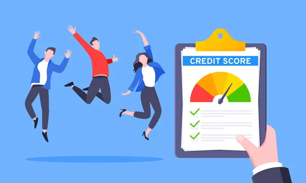 Goede credit score business concept met klembord, score meter en gelukkige mensen springen in de lucht. — Stockvector