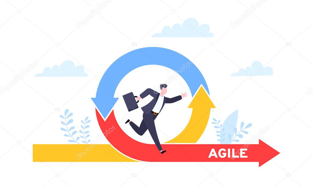 Agile development methodology business concept flat style design vector illustration isolated on white background. Agile life cycle for software development diagram. Business person run into project.
