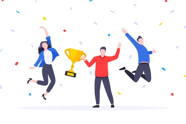 Happy business team werknemer team winnaars prijsuitreiking platte stijl design vector illustratie. — Stockvector