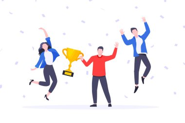 Mutlu iş takımı çalışanı ödül törenini kazandı düz stil tasarım vektör çizimi.