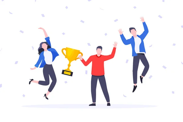 Feliz equipo de negocios ganadores del equipo ganador de premios estilo plano diseño vector ilustración. — Vector de stock