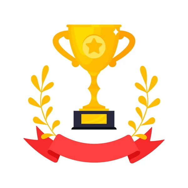 Golden winner award trophy goblet cup, wreath, stars and ribbon cup icon sign flat style design illustration. — стоковий вектор