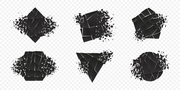 Shape explosion broken and shattered flat style design vector illustration set