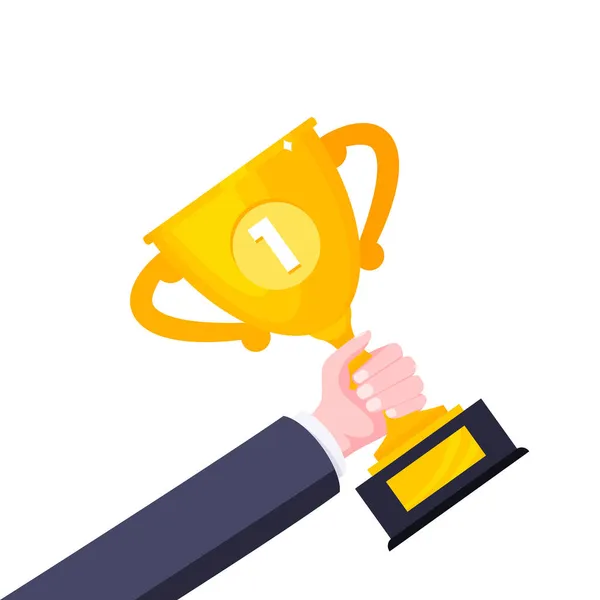 Рука тримає переможця Золота нагорода Трофейний кубок Кубок знак плоский стиль Векторні ілюстрації — стоковий вектор