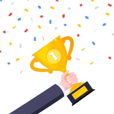 Elle tutulur altın ödül kupası ikonu düz stil tasarım illüstrasyon işareti