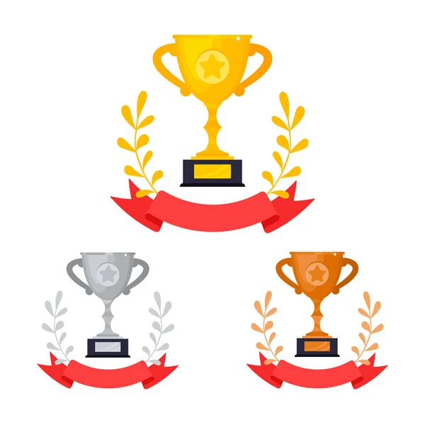 Золота, срібна та бронзова нагорода трофейна чашка з набором з віночками значок плоского стилю Векторні ілюстрації . — стоковий вектор