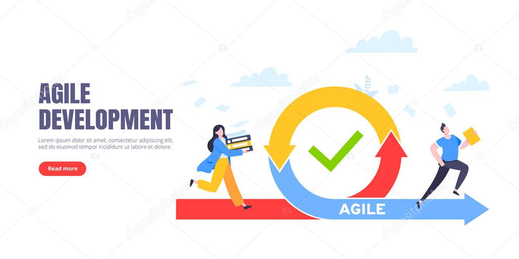 Agile development methodology business concept flat style design vector illustration isolated on white background. Agile life cycle for software development diagram. Business person run into project.