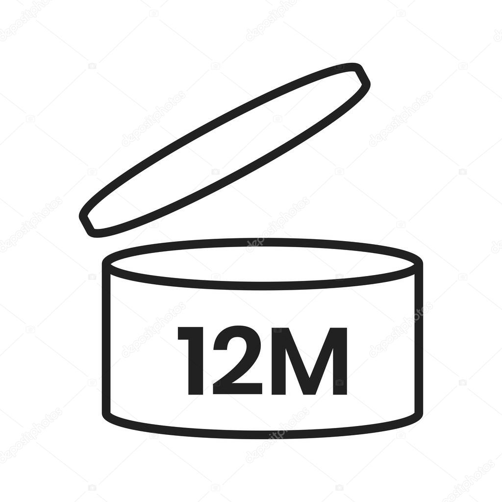12m period after open pao icon sign flat style design vector illustration isolated on white background. 12 month pao expiration period for cosmetic packaging line art symbol.