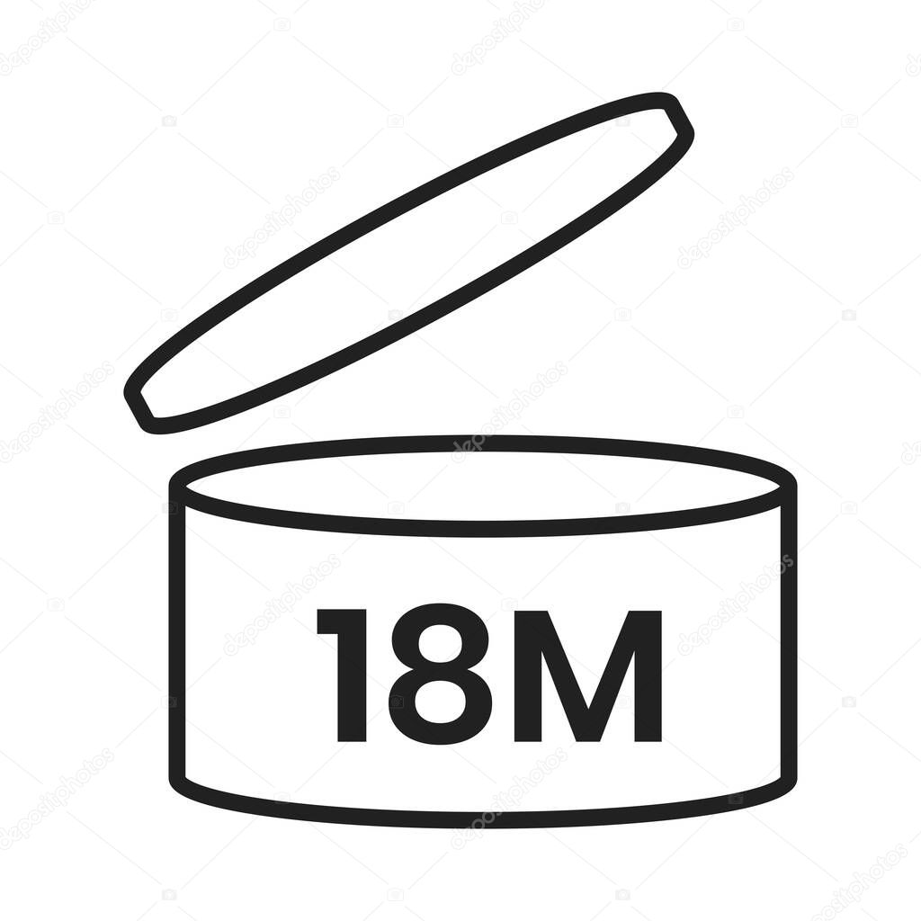 18m period after open pao icon sign flat style design vector illustration isolated on white background. 18 month pao expiration period for cosmetic packaging line art symbol.