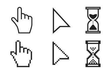 Black hourglass loading clock, pointer hand and arrow mouse cursors icon sign