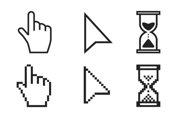 Black hourglass loading clock, pointer hand and arrow mouse cursors icon sign — ストックベクタ