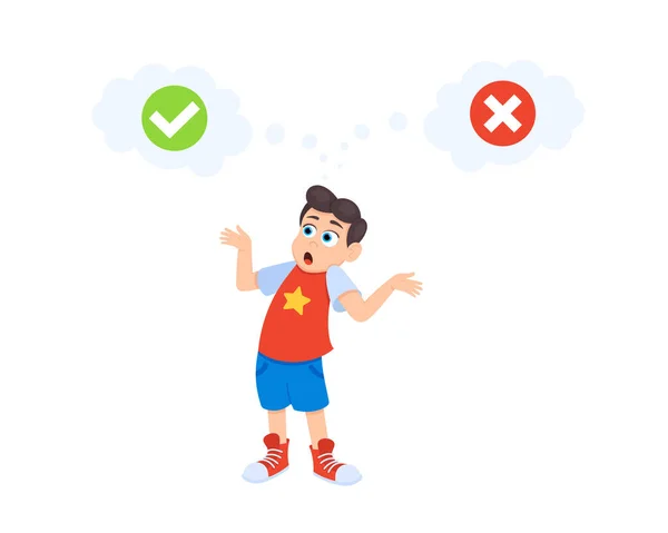 Little doubt boy kid between right and wrong check marks flat style design vector illustration — Stock Vector