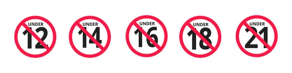 Adultos contenido solo restricción de edad 12, 14, 16, 18, 21 más años de edad icono signos conjunto. — Vector de stock