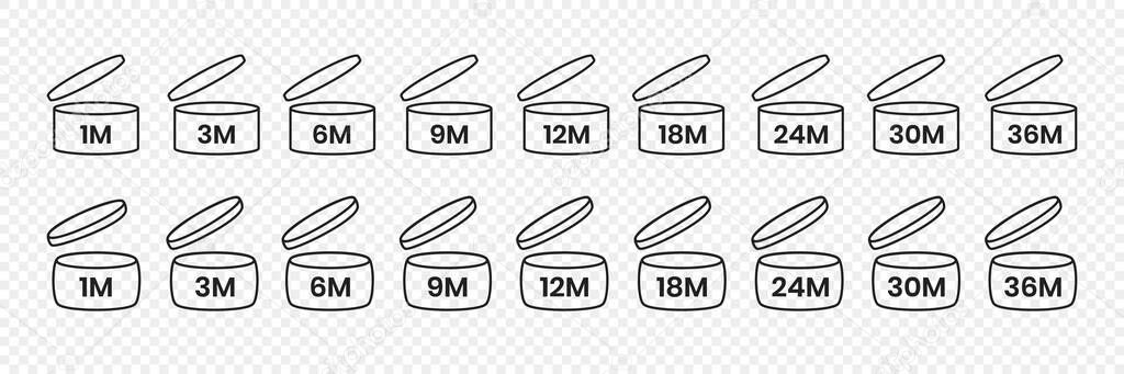 PAO, period after open icon sign set flat style design vector illustration isolated on transparent bd. 1, 3, 6, 9, 12, 18, 24, 36 month pao expiration period for cosmetic packaging line art symbol.