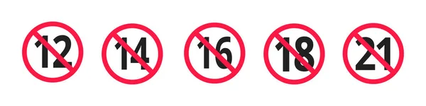 Adultos contenido solo restricción de edad 12, 14, 16, 18, 21 más años de edad icono signos conjunto. — Vector de stock