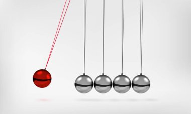 Newtons cradle pendulum with swinging spheres red metal ball 3d realistic vector illustration. clipart