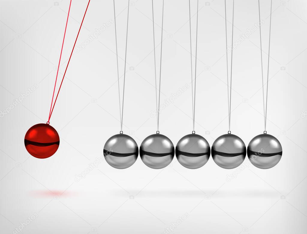 Newtons cradle pendulum with swinging spheres red metal ball 3d realistic vector illustration.