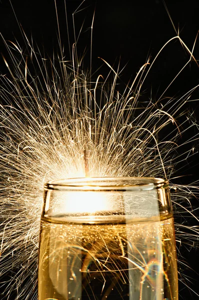 Champagne with Burnning Sparkler — Stock Photo, Image