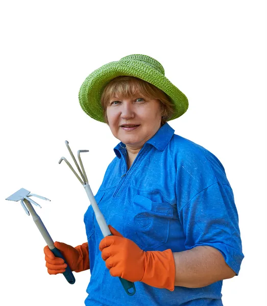 Ανώτερος γυναίκα με εργαλεία κήπου — Φωτογραφία Αρχείου