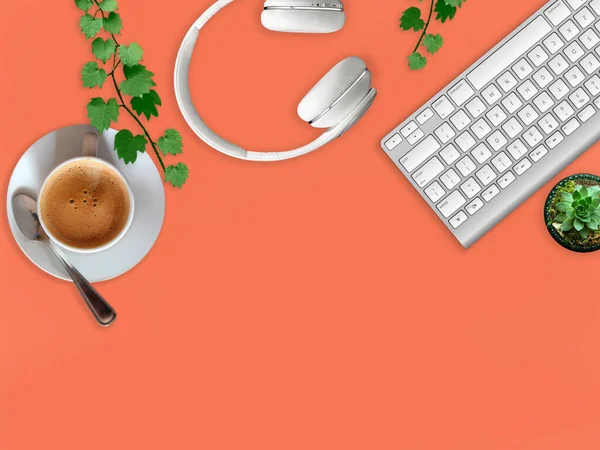 Creative flat lay of desktop, stationery, keyboard, headphones and lifestyle items on orange background with copy space