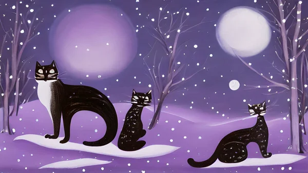 Three painted purple cats look at the moon, winter and snow, dusk