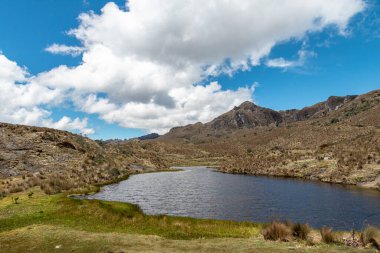 Güneşli bir günde Cajas Ulusal Parkı 'ndaki küçük göl, Toreadora dinlenme bölgesi. Güney Amerika, Ekvador, Cuenca 'ya yakın Azuay vilayeti