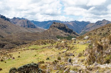 Güneşli bir günde Cajas Ulusal Parkı, Toreadora dinlenme bölgesi. Güney Amerika, Ekvador, Cuenca 'ya yakın Azuay vilayeti