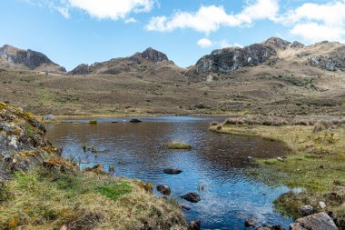 Dağ Gölü Apicocha Cajas Ulusal Parkı 'nda güneşli bir günde, Toreadora dinlenme bölgesi. Güney Amerika, Ekvador, Cuenca 'ya yakın Azuay vilayeti