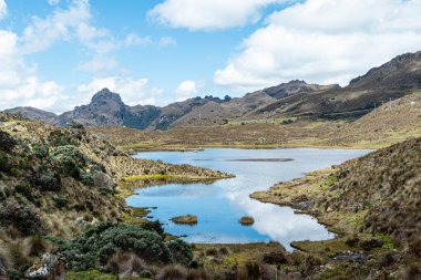 Güneşli bir günde Cajas Ulusal Parkı. Apicocha Dağı ve Avilahuayco Dağı deniz seviyesinden 4185 metre yükseklikte. Güney Amerika, Ekvador, Cuenca 'ya yakın Azuay vilayeti