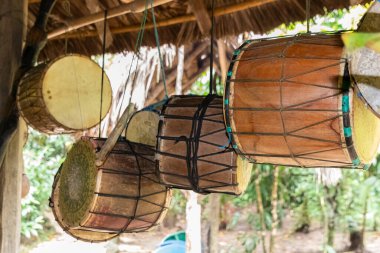 Drums which are in use by the Quechua indigenous of Wayuri community to perform ceremonies and display their ancestral traditions to tourists. Pastaza Province, Ecuador