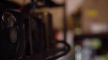 Blurred Bitcoin mining farm.  GPU for cryptocurrency miner.  4k resolution footage concept