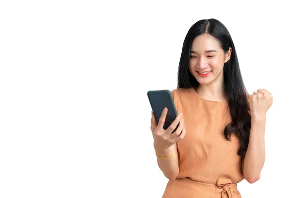 Beautiful Asian Woman Holding Smartphone Business Online Success Business Stok Gambar