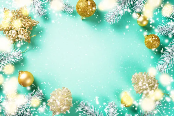 Christmas decorations at mint background top view. — Stock Photo, Image